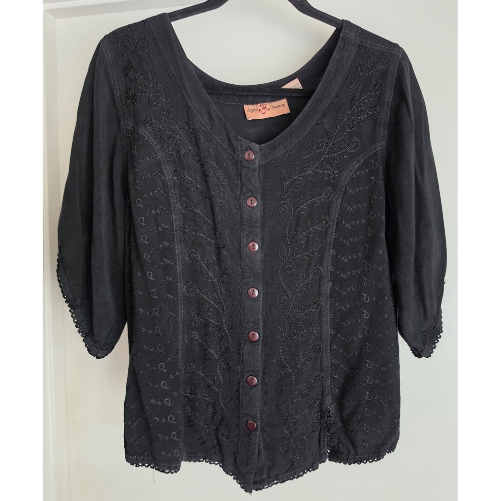 VTG Agan Traders Blouse Women L Black Boho Top Shirt Tunic Embroidery Back Tie